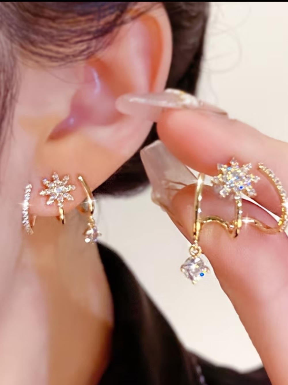 Gold Snowflake Hoop Earrings with Cubic Zirconia Drop - Women Jewelry